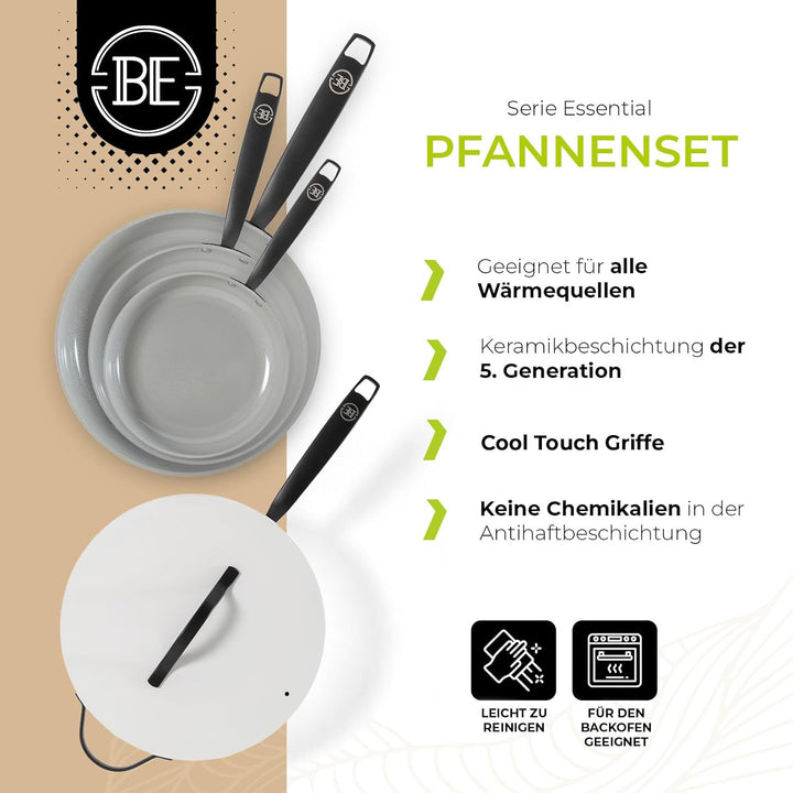 Be Living Essential Pfannenset 4-teilig, Bratpfanne 20/24/28 cm + Wokpfanne 30 cm mit Deckel, Non St