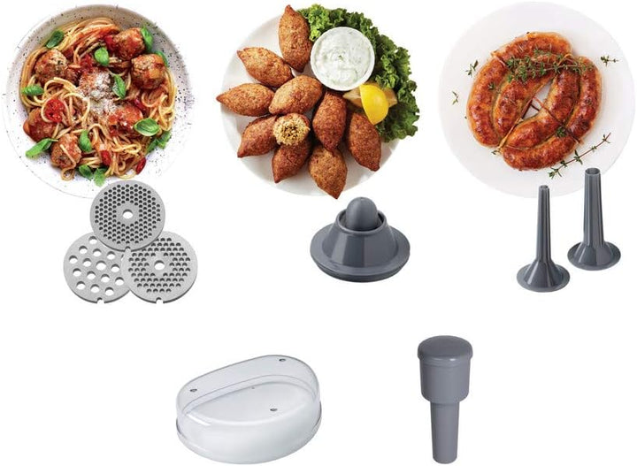 Kenwood Fleischwolf MG700, 3 Edelstahl Lochscheiben, 2 Wurstfüll-Aufsätze, 1 Kebbe-Aufsatz, grosse E