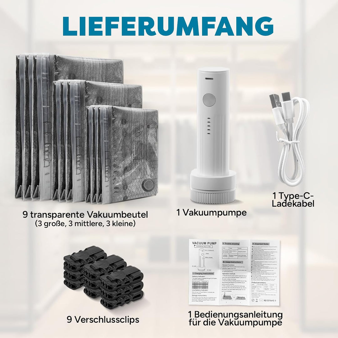 Vakumierergerät beutel kleidung - Vakuumbeutel mit Pumpe - 9 Stück (3 * 40x50cm, 3 * 40x60cm, 3 * 50