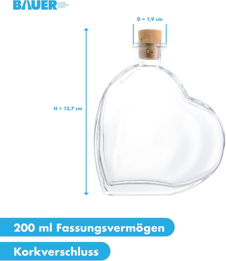 Flaschenbauer - 9 x Herz Flasche Passion: Glasflasche Herz 200 ml - 9 Mini Glasflaschen mit Korken v
