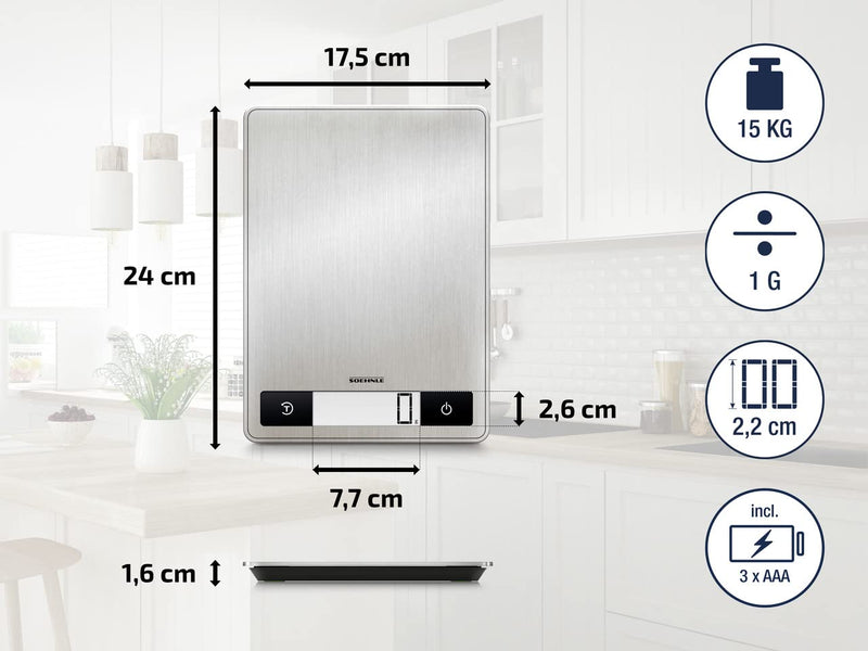 Soehnle Page Profi 200, digitale Küchenwaage silber aus Edelstahl, Gewicht bis zu 15 kg (1-g-genau),