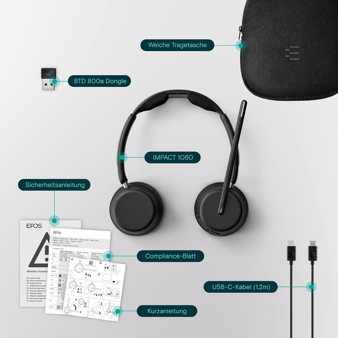 EPOS IMPACT 1060 Hochwertiges Büro-Bluetooth Headset - Beidseitig, EPOS AI verbesserte Sprachaufnahm