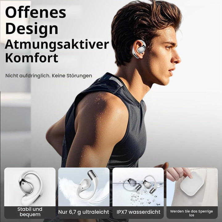 Bluetooth 6.0-Kopfhörer mit offenem Ohr, HD-Mikrofon, 40 Stunden Akkulaufzeit, LED-Display, IP7 wass