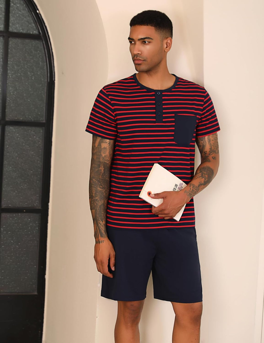 Schlafanzug Herren Kurz aus Baumwolle mit Kontraststreifen Design, Sommer Pyjama Set Oberteile und K