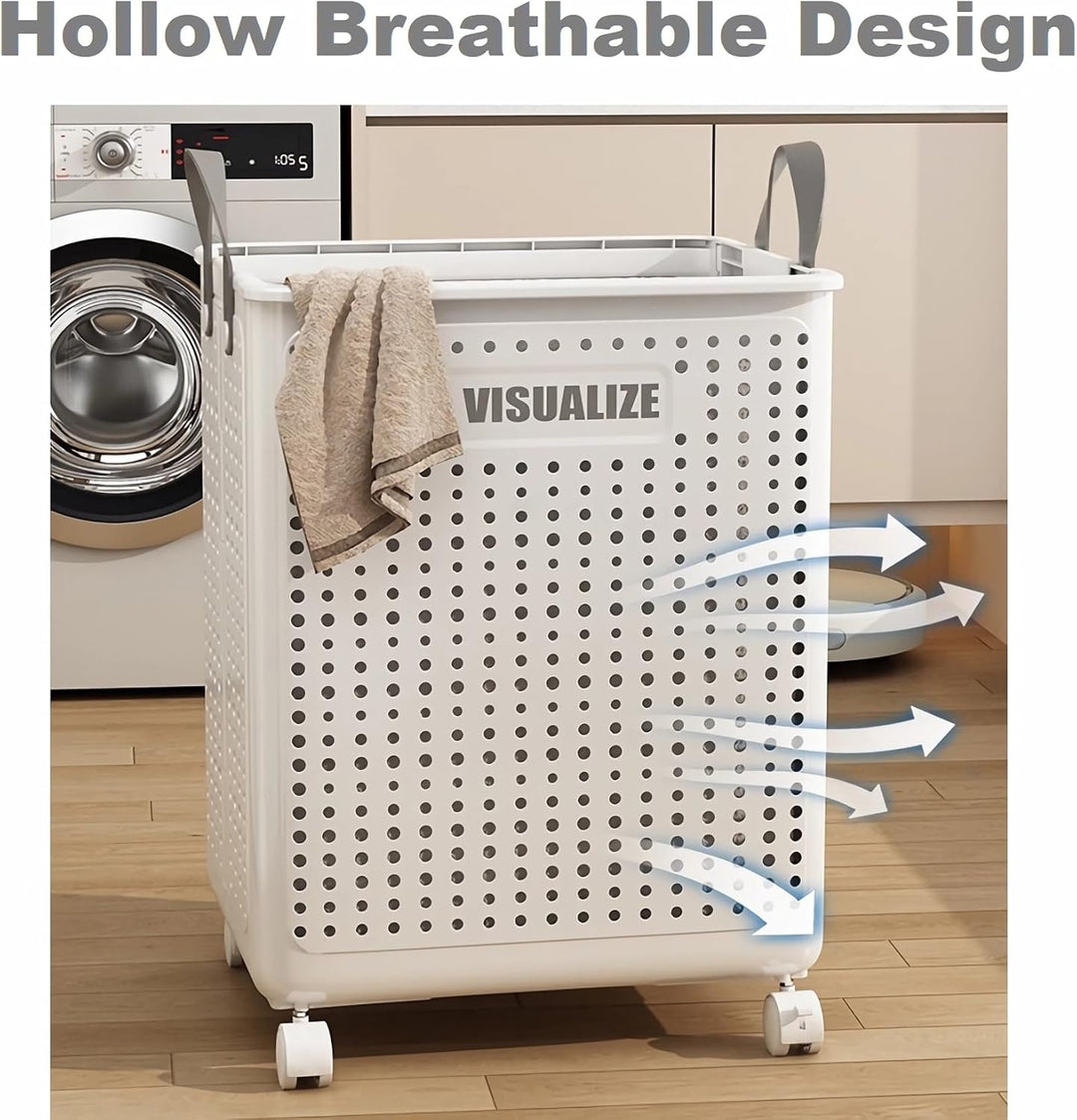 Siyecioa Wäschekorb Plastik Faltbare, Wäschesammler, 60L Laundry Baskets mit Rollen, Wäschebox für W