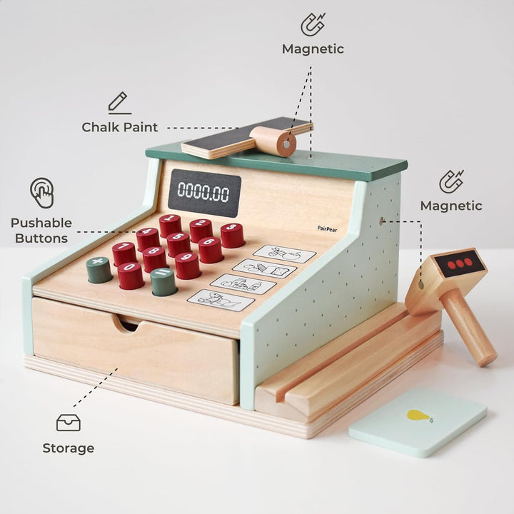 PairPear Kinder Kasse aus Holz spielkasse Kinder mit Scanner, Kartenlesegerät, Kreditkarten und Spie