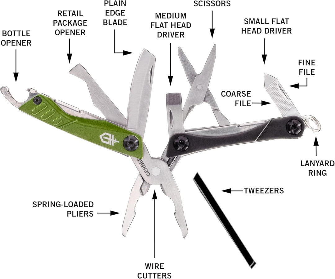 Gerber 1027828 Mini-Tool, DIME, grau-grün, Zange, Stahl 3Cr13,Nagelreiniger,Paketöffner,Flachschraub