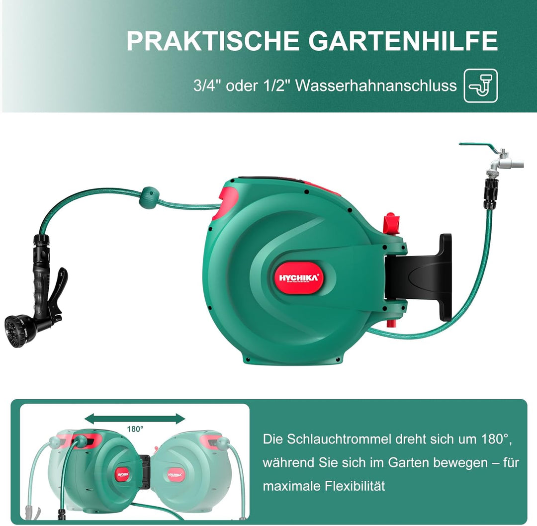 HICHIKA Schlauchtrommel Gartenschlauch 20m – Schlauchbox für die Wandhalterung, Automatische Verrieg