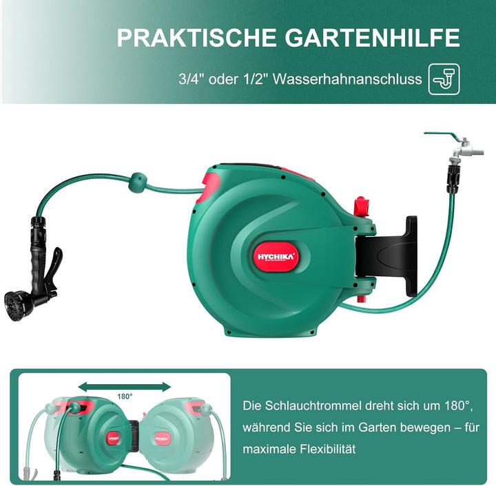 HICHIKA Schlauchtrommel Gartenschlauch 20m – Schlauchbox für die Wandhalterung, Automatische Verrieg