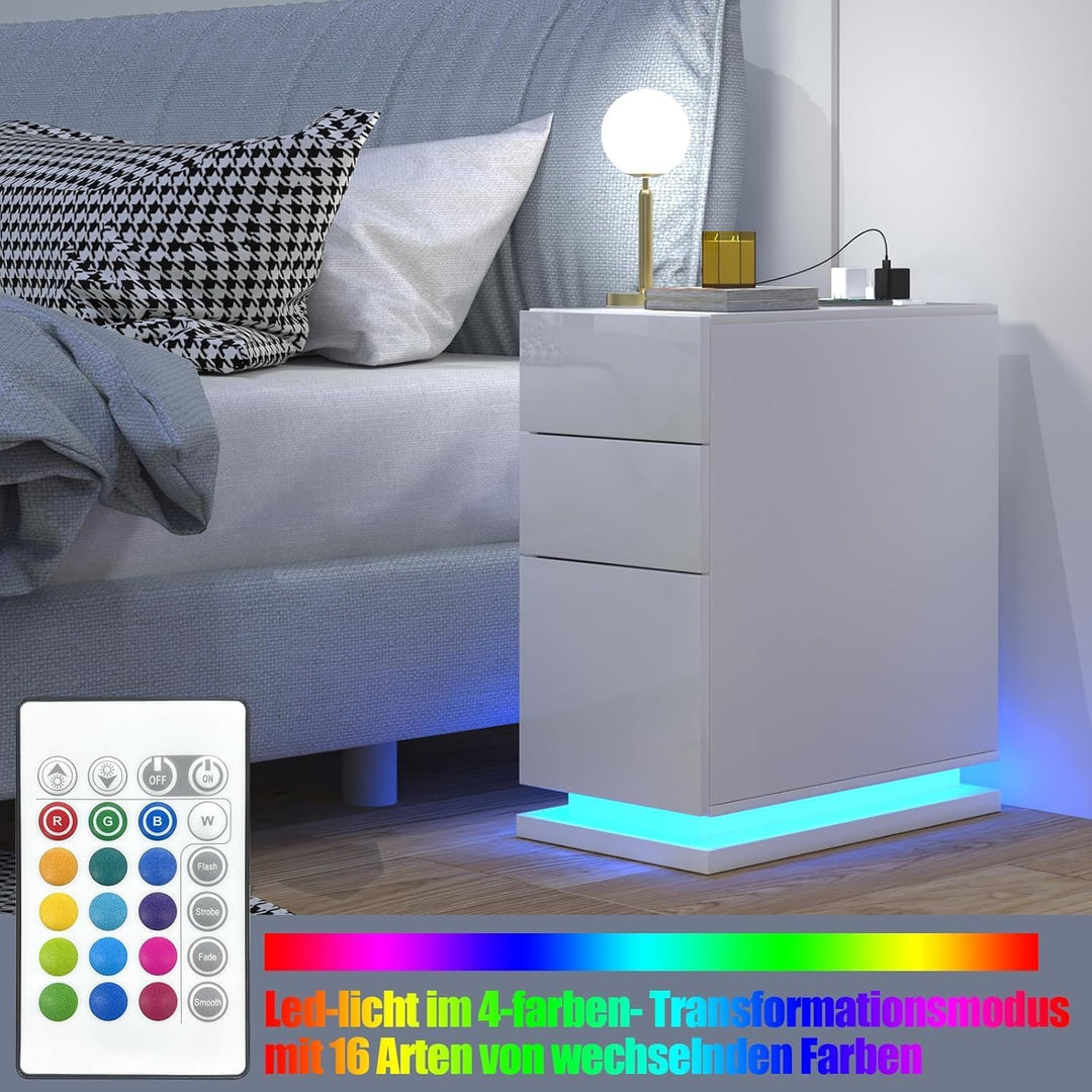 PIPIPOXER 2er Set Nachttisch LED mit Steckdose & USB, Nachttisch Weiss Hochglanz Nachtkommode mit 3