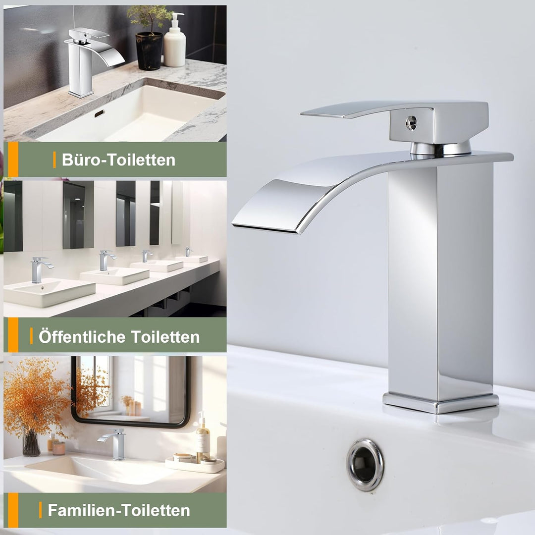 SGUVK Wasserhahn Bad Wasserfall Waschtischarmatur Chrom, Edelstahl Einhebelmischer, Heiss und Kalt e