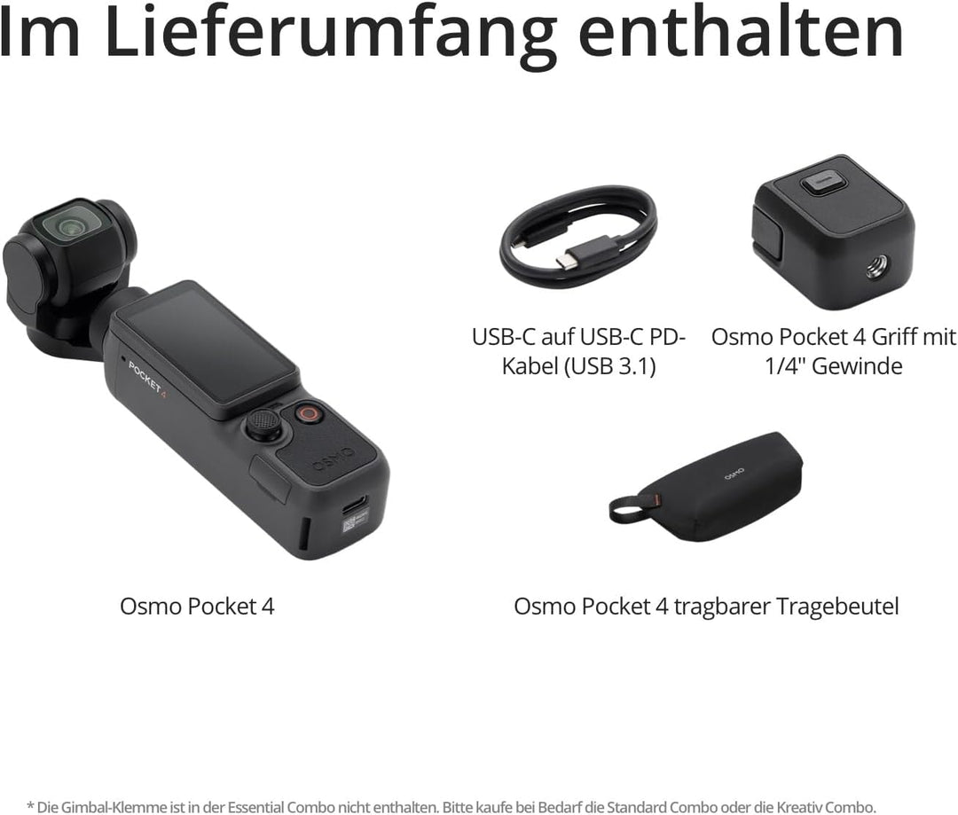 DJI Osmo Pocket 4 Essential Combo, Pocket-Gimbal-Vlog-Kamera, 1″ CMOS und 4K/240fps, 3‑Achsen-Stabil