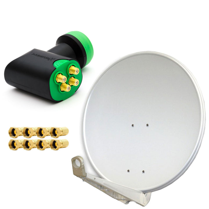 Premium X Deluxe SAT Anlage für 4 Empfänger 85cm Satellitenantenne ALU Hellgrau mit Green Diamond Qu
