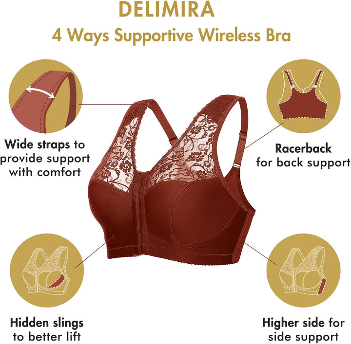 DELIMIRA Damen Vorderverschluss BH ohne Bügel Grosse Grössen mit Spitze Racerback 75B Schwarz, 75B S