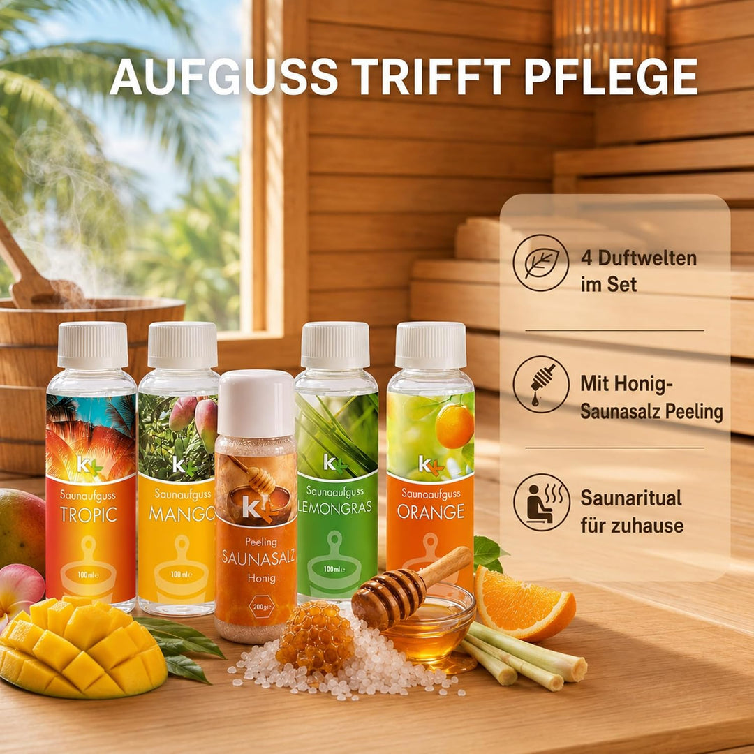 KK Sauna -Set mit Salz Peeling | KK Saunaaufgussset"Karibik" 4 x 100 ml + 200 g KK Saunasalz"Honig"