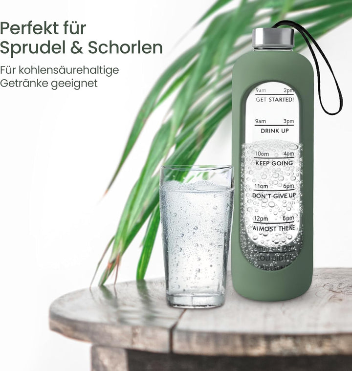 Trinkflasche Glas 1L – kohlensäuregeeignet – mit Bürste & Silikonhülle – Olivgrün