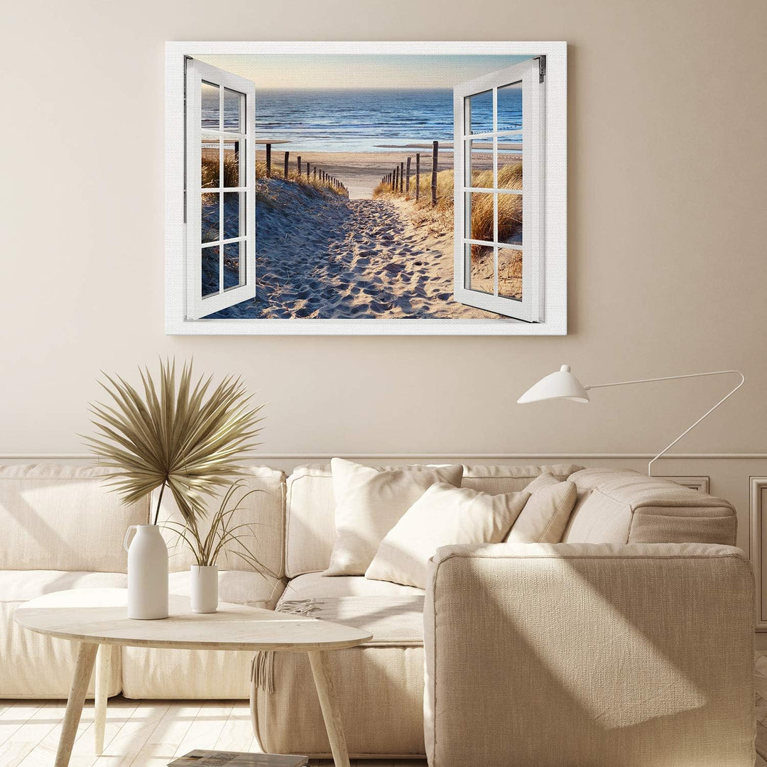 PICANOVA – Bild auf Leinwand Weg zum Meer Fenster 100x75cm – Leinwandbild – Premium Leinwanddruck –