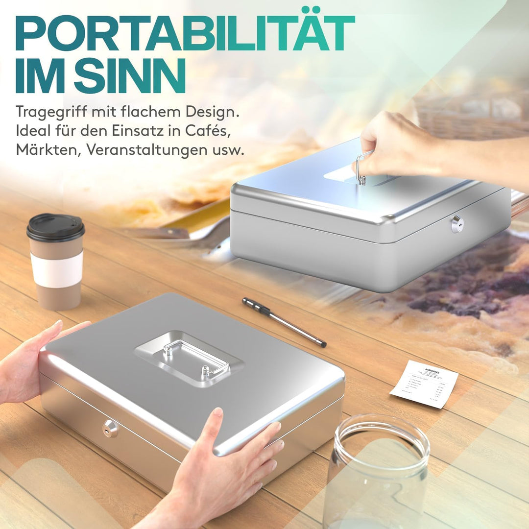 ACROPAQ Geldkassette abschliessbar - (30 x 24 x 9 cm), Kasse mit Münzzählbrett, Stahlkonstruktion, M