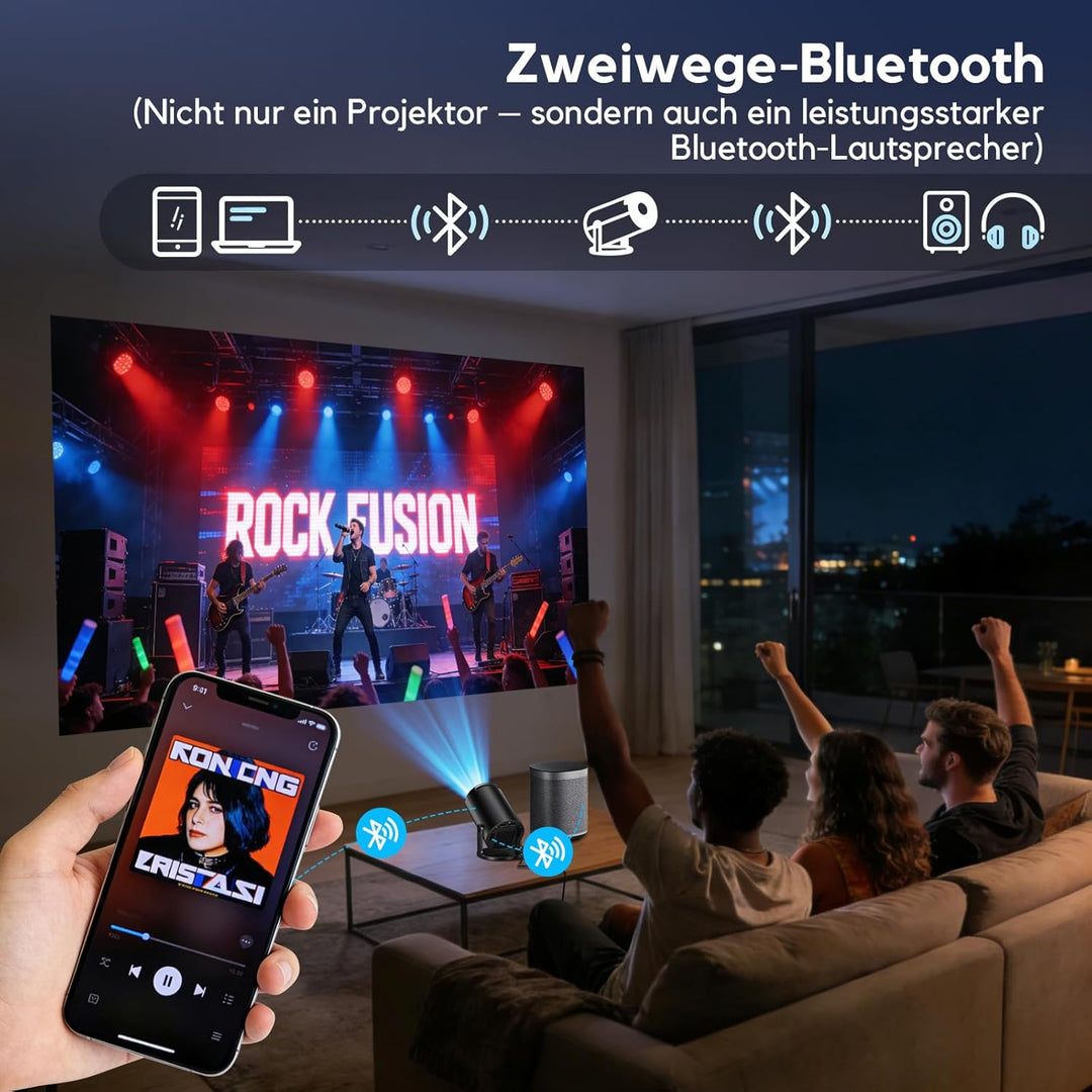 Smart Mini Beamer 1080P Unterstützt, Tragbarer Projektor AKIYO O2 mit WiFi 6 und Bluetooth 5.4, Beam