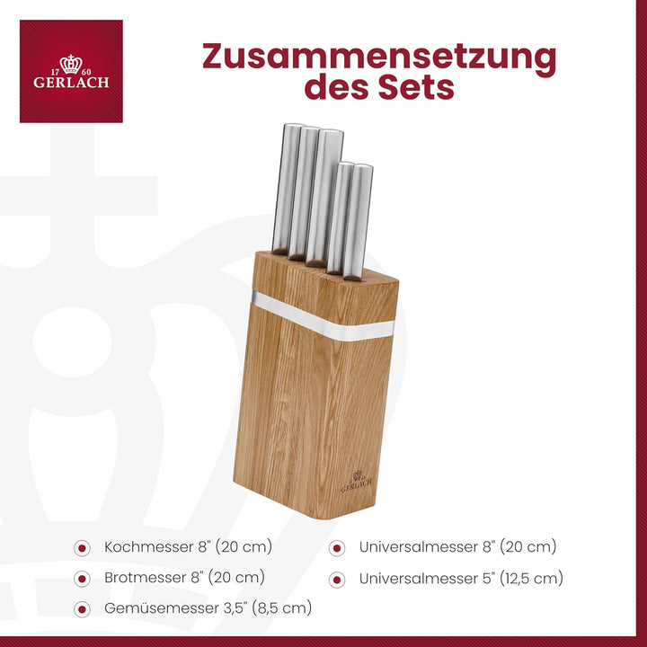 Gerlach Ambiente Oak Messerblock Messerset Küchenmesserset 5 Messer aus Edelstahl Eichenholz Küchenm