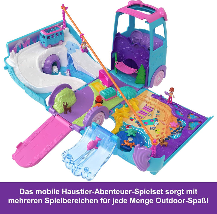 Polly Pocket-Mikropuppen und umwandelbarer Camper, mit Accessoires wie Haustieren und Spielzeugauto,