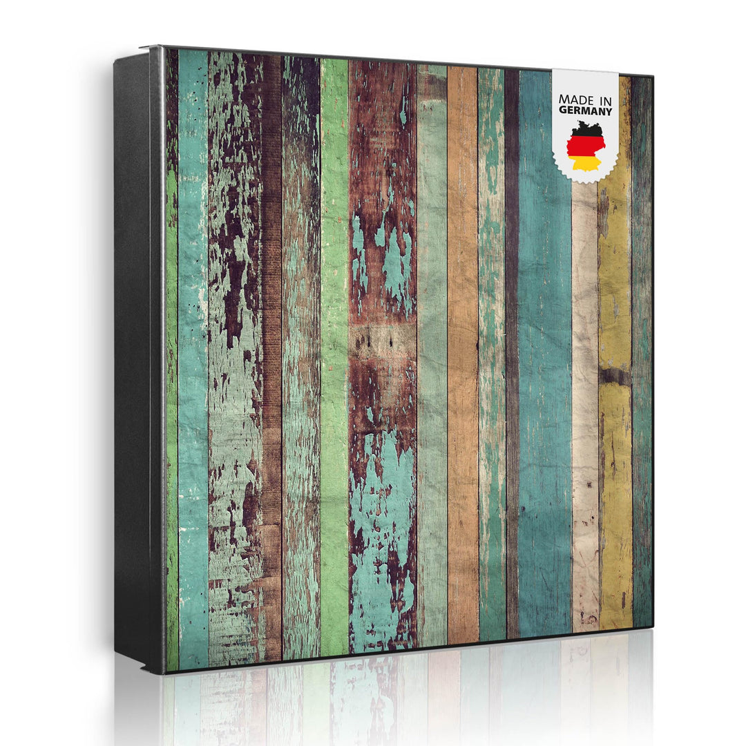 banjado® Grosser Schlüsselkasten Glas/Schlüsselbox 30cm x 30cm mit 50 Haken - Motiv Bunte Bretterwan