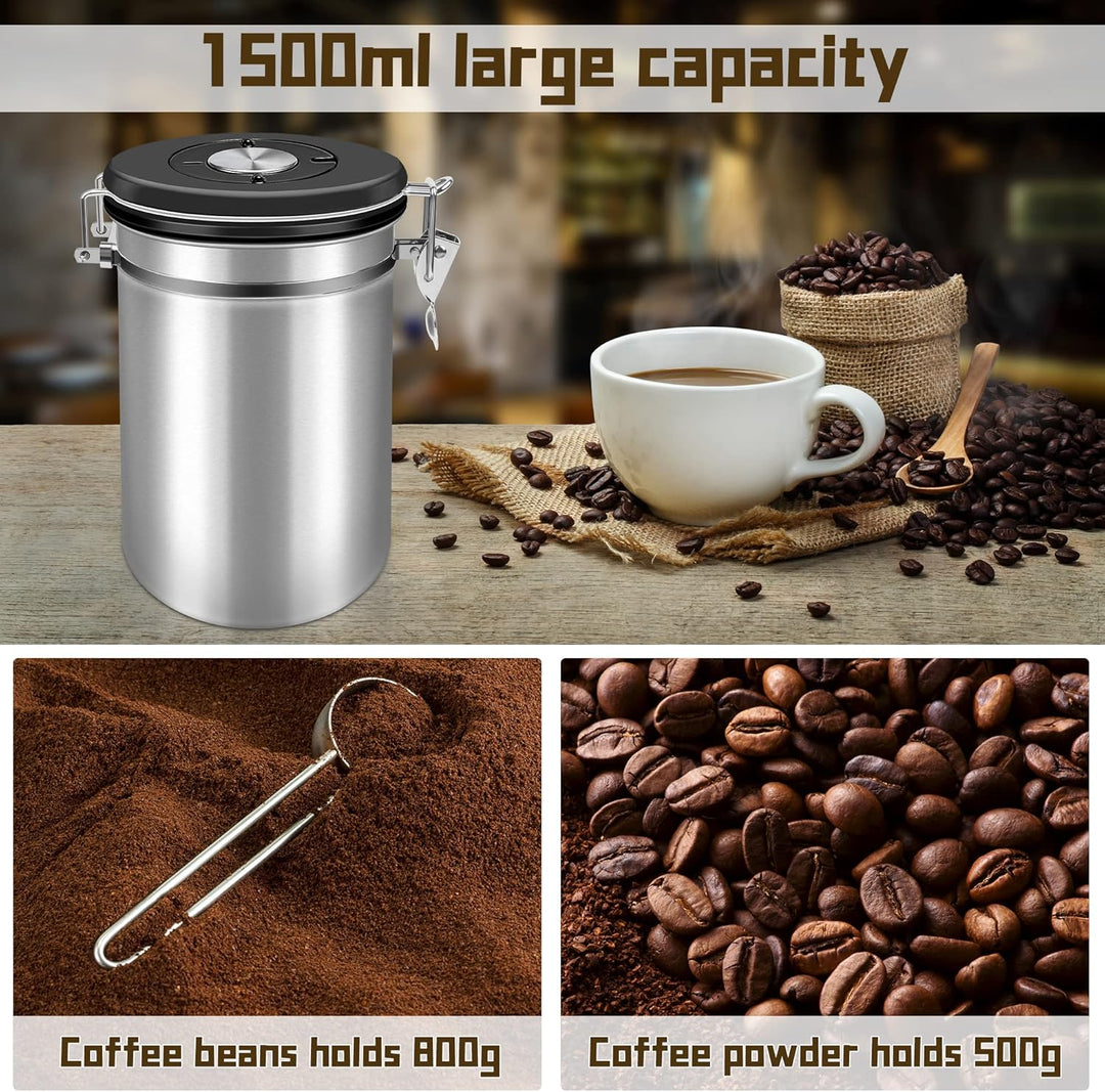 Kaffeedose 500g Bohnen Kaffeedose Luftdicht 1500ml mit Löffel und Kalenderrad, Edelstahl Kaffee Dose