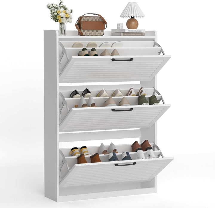 Schuhschrank Schmal, Schuhkipper mit Lamellentür, Schuhregal mit 3 Klappen, Schuhkommode mit 6 Verst