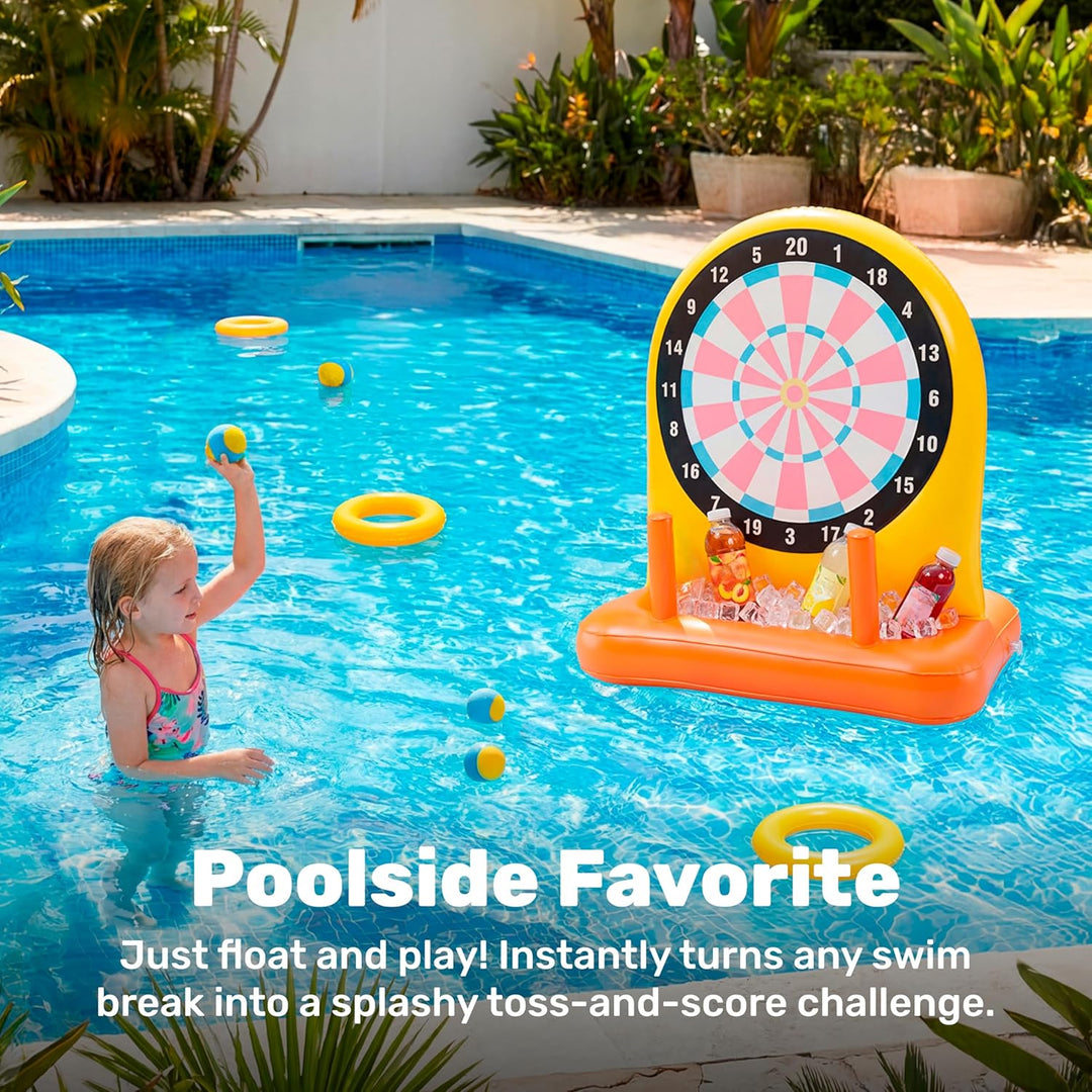 Sloosh Aufblasbares Pool-Dartspiel: Schwimmende Dartscheibe & Ringwurf-Kombi mit Getränkehalter, Eis