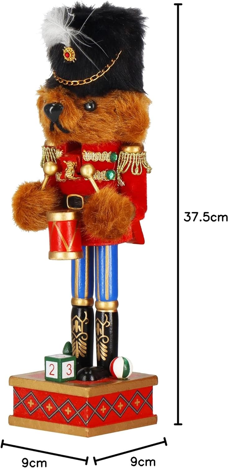 SPRINGOS Nussknacker-Bär mit Militärmütze und Trommel 37,5 cm Dekofigur Weihnachtsdekoration Braun,