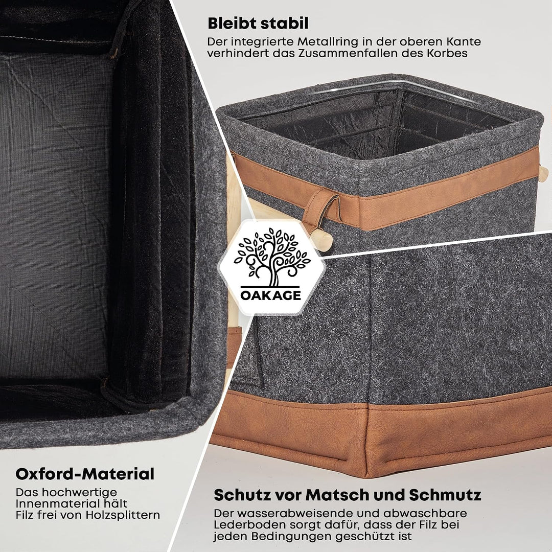 OAKAGE® Holzkorb für Kaminholz Gross mit Zündholzkorb [Schmutzabweisendes Innenfutter und Lederboden