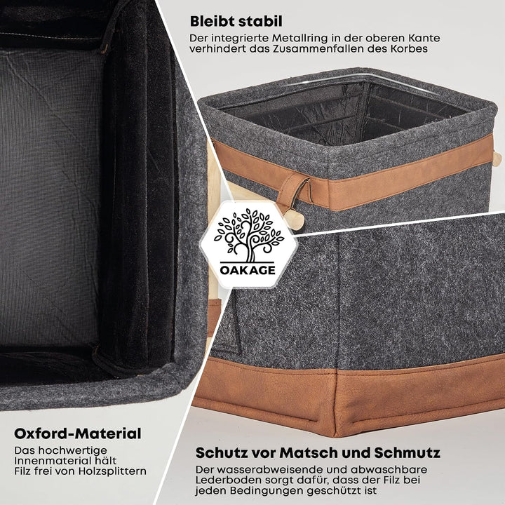 OAKAGE® Holzkorb für Kaminholz Gross mit Zündholzkorb [Schmutzabweisendes Innenfutter und Lederboden
