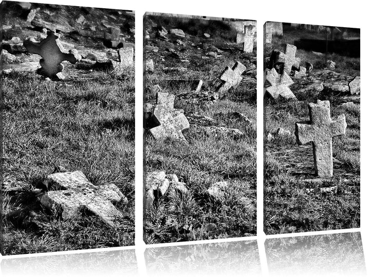 Pixxprint Friedhof schwarz weiss als Leinwandbild | Grösse: 3 Teilig (120x80) | Wandbild| Kunstdruck