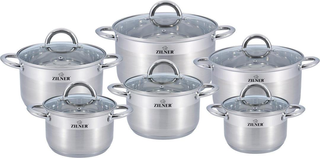 Zilner Topfset - Kochtopf Set 12-teilig - Edelstahl - mit Glasdeckeln - für alle Herdarten - Silber