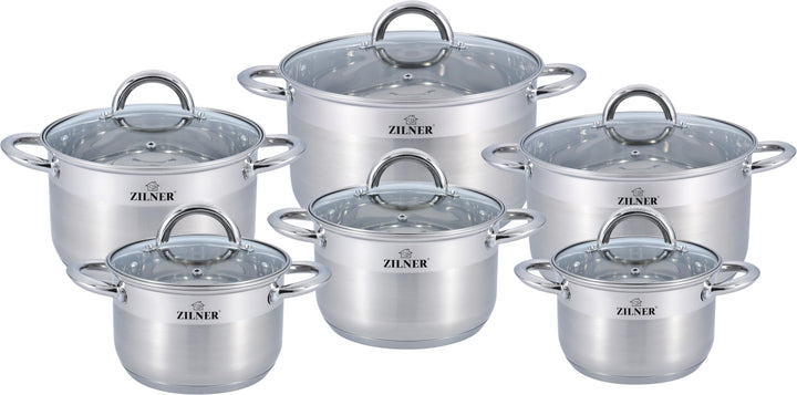 Zilner Topfset - Kochtopf Set 12-teilig - Edelstahl - mit Glasdeckeln - für alle Herdarten - Silber