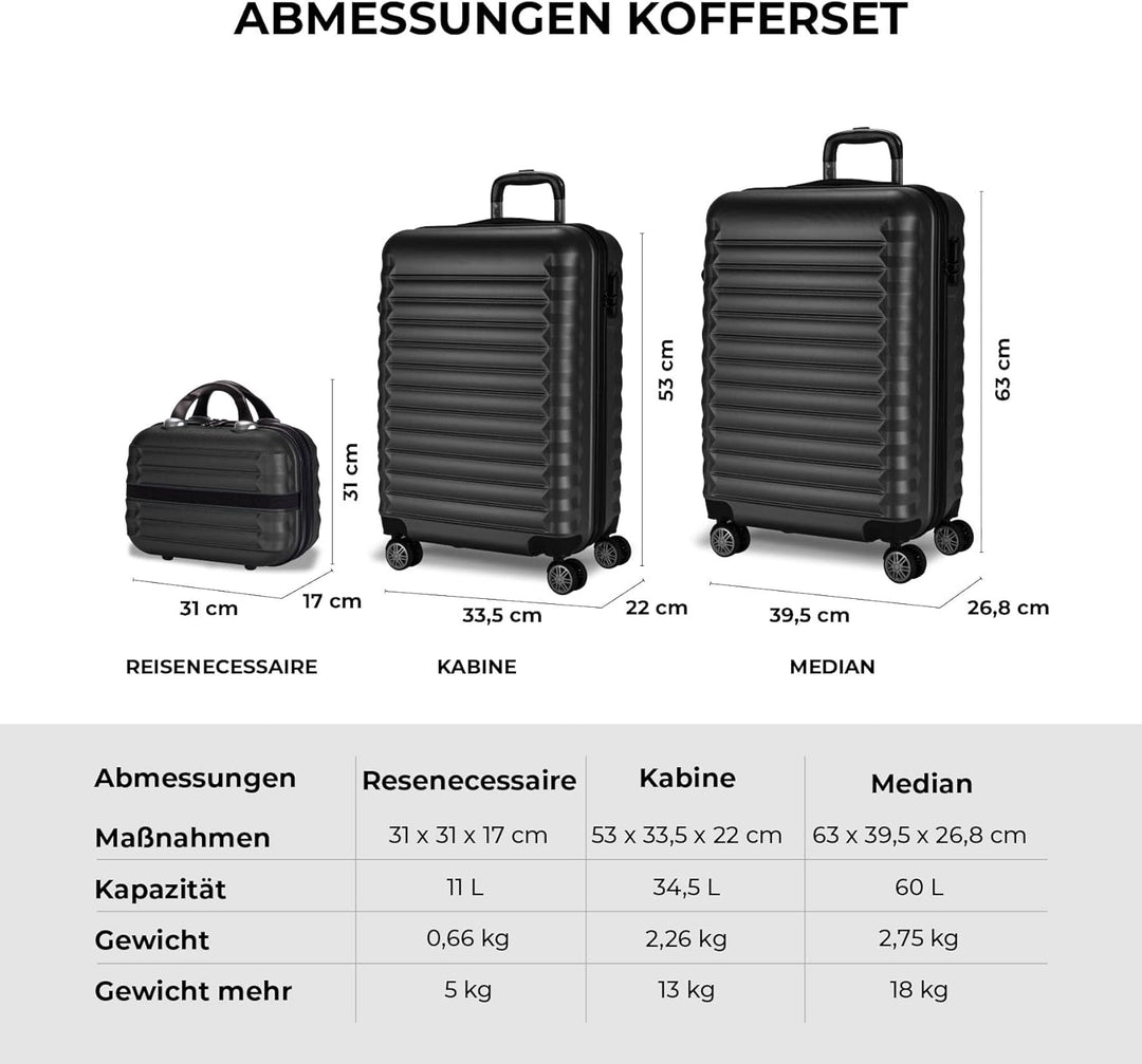 NUMADA - Gepäck-Set und Kulturbeutel 3 Stück Schwarz, mittel 63cm, klein 53cm und Kulturbeutel, ABS,