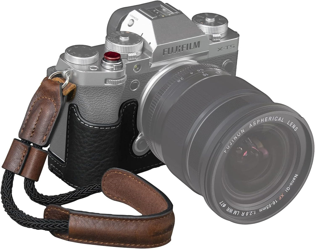 SMALLRIG X-T5 Half Case mit Handschlaufe und Auslöser, Kameratasche aus braunem Leder im Retro-Stil