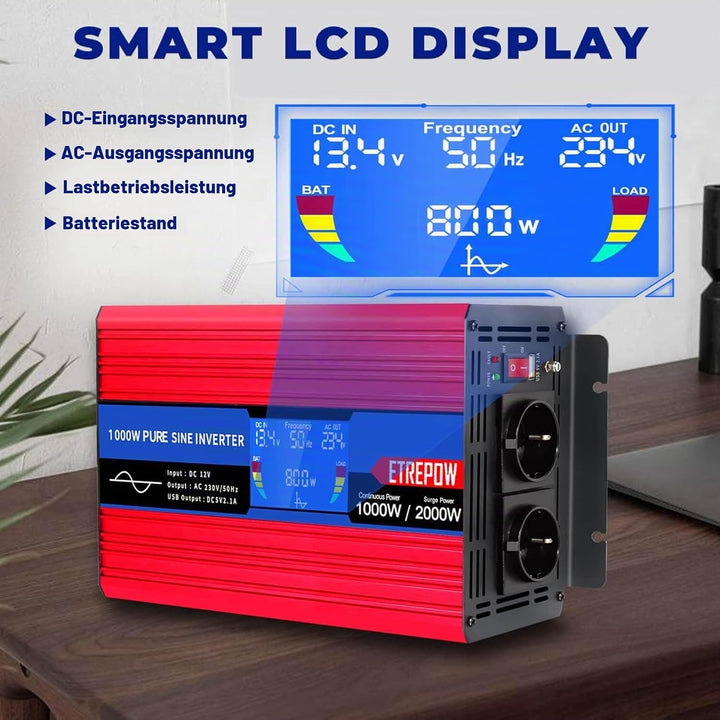 Wechselrichter 1000w 12v auf 230v Reiner Sinus Spannungswandler | 2 EU-Steckdose und Einer 2,1A USB,