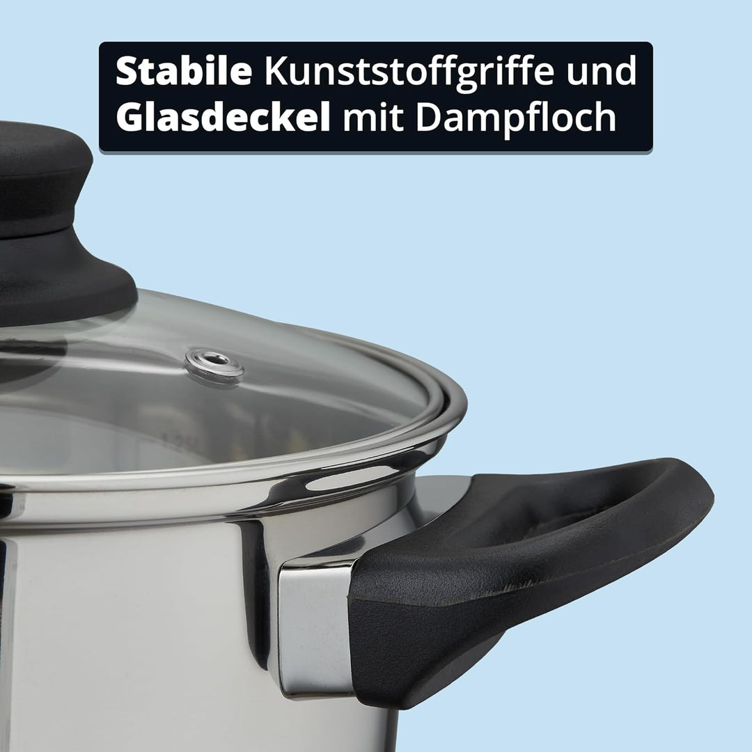 KHG Topfset 3-teilig Edelstahl Induktion, Kochtopf 16 cm, 20 cm mit Glasdeckel, Kasserolle 14 cm - T