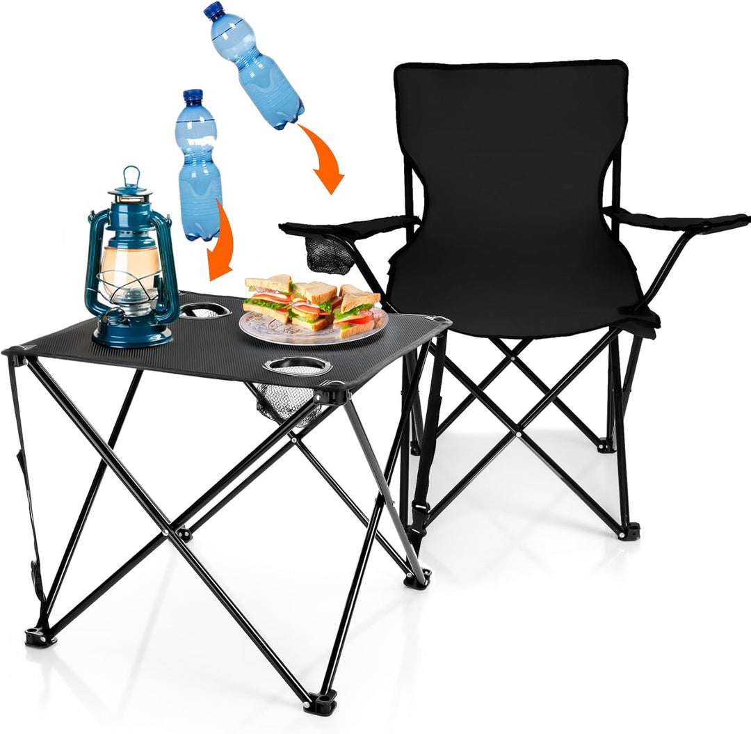 BigDean 2 Stück Campingstühle & Campingtisch faltbar – Faltstuhl in Schwarz mit Getränkehalter & Tra