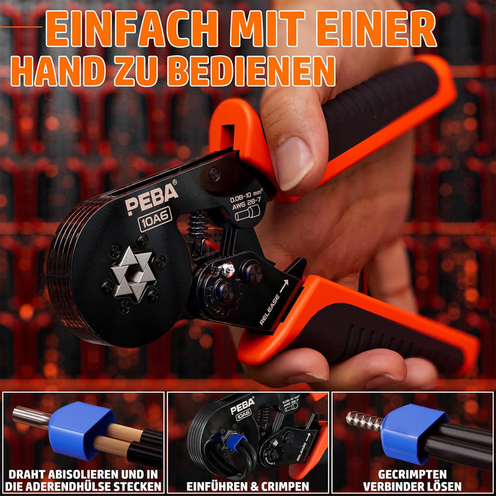 PEBA Crimpzange Set Sechskant mit Abisolierzange, Aderendhülsenzange 0,08–10 mm², 33 Grössen Aderend