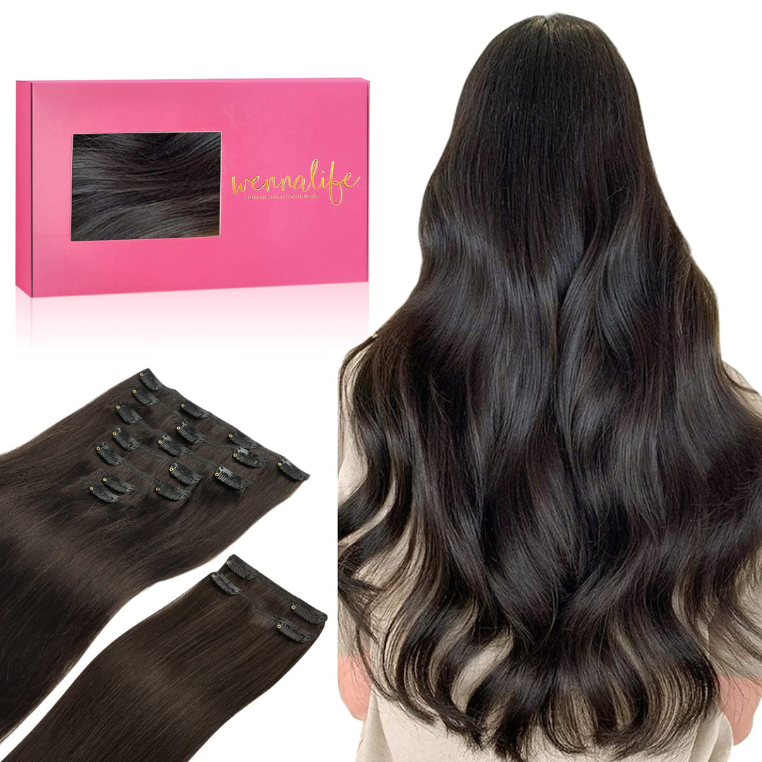 WENNALIFE Clip In Extensions Echthaar, 150g 45cm 9pcs Dunkel Braun Clip In Extensions Hair Extension