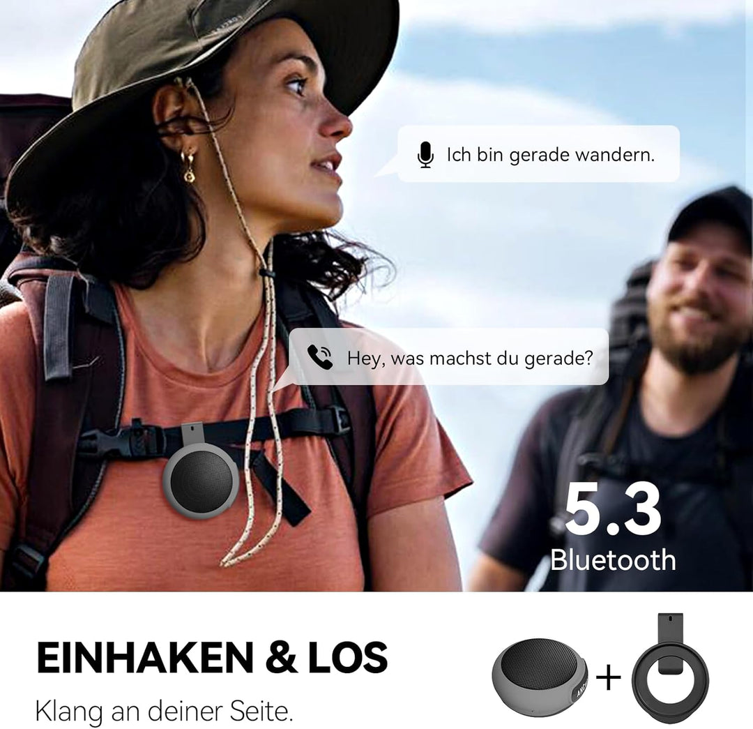 ANCwear Bluetooth 5.3 Lautsprecher Mini zum Anklemmen, Tragen und Aufhängen, IPX6 Spritzwasserschutz