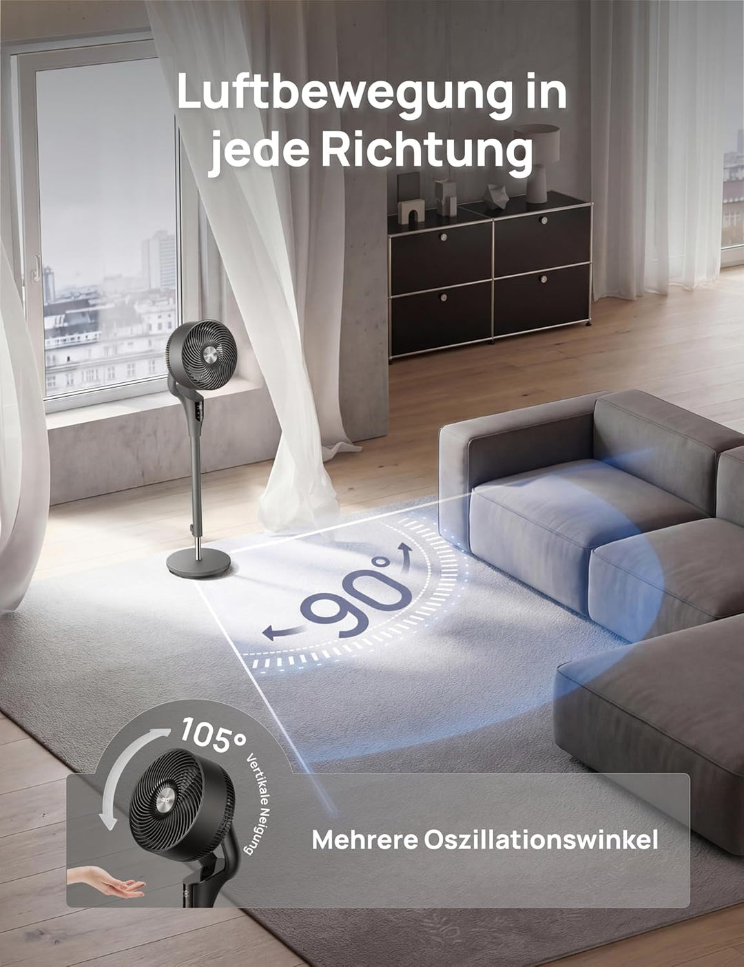 Dreo Leiser Standventilator, 1444m³/h Luftvolumen oszillierende Ventilator, 3 Stufen 6H Timer Turmve