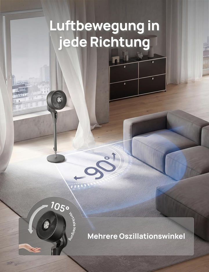 Dreo Leiser Standventilator, 1444m³/h Luftvolumen oszillierende Ventilator, 3 Stufen 6H Timer Turmve