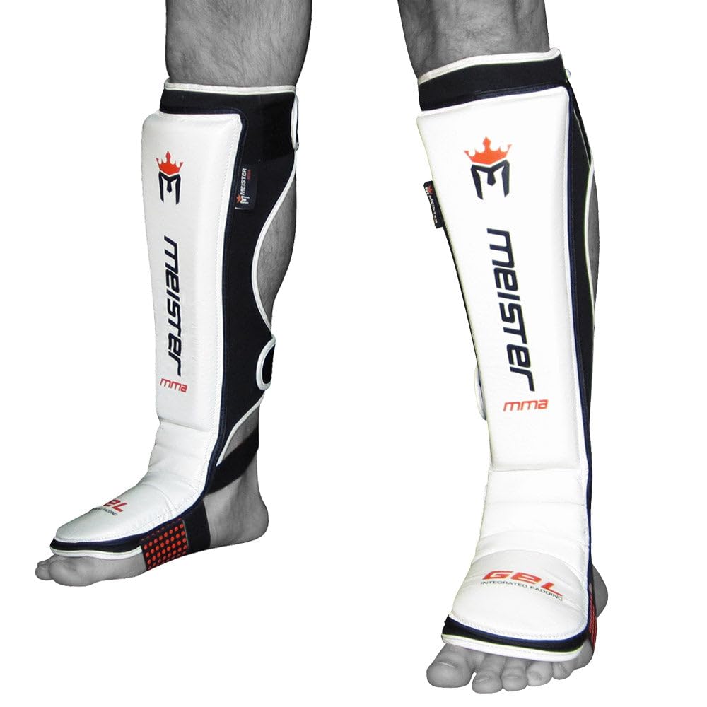 Meister MMA Edge Schienbeinschoner aus Leder mit Gel-Polsterung, 1 Paar Weiss L-XL, Weiss L-XL