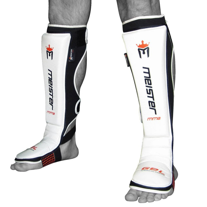 Meister MMA Edge Schienbeinschoner aus Leder mit Gel-Polsterung, 1 Paar Weiss S/M, Weiss S/M