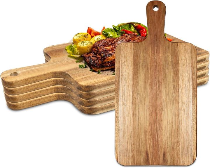 5er Schneidebretter aus Akazienholz mit Griff, Küchenschneidebrett Holz Paddel für Fleisch Brot Obst
