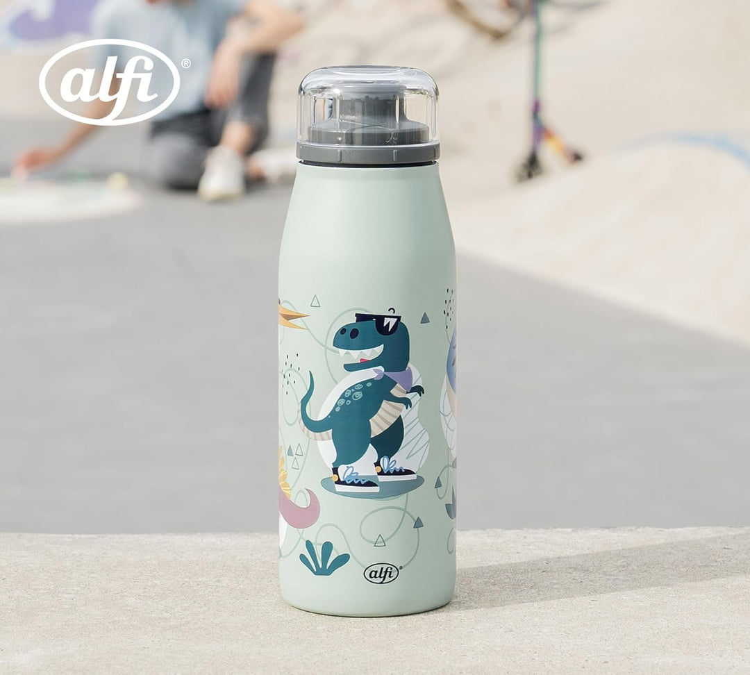 alfi KIDS ISO BOTTLE 350ml, grün mit Dinos, Isoliertrinkflasche Kinder Edelstahl, absolut dichter Dr