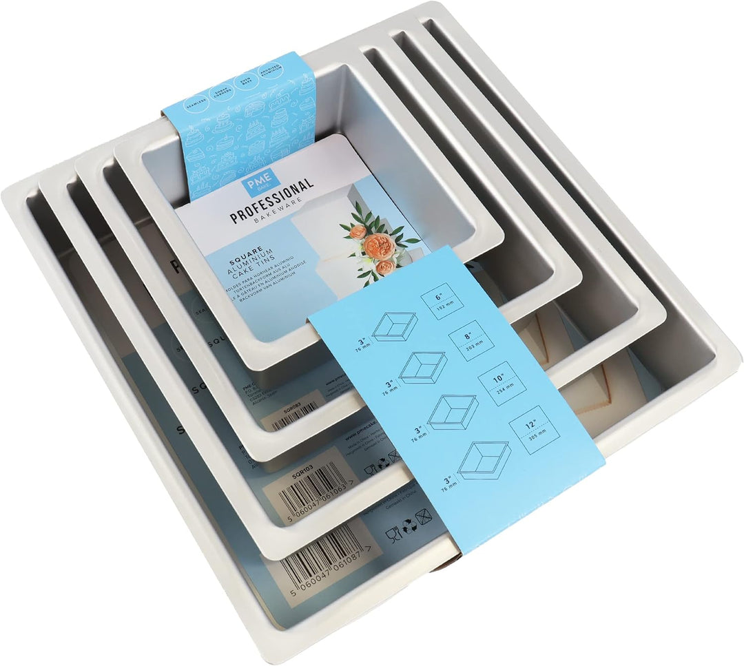 PME - Quadratische Kuchenformen 15, 20, 25, 30 cm x 7,5 cm tief, 4er -Satz
